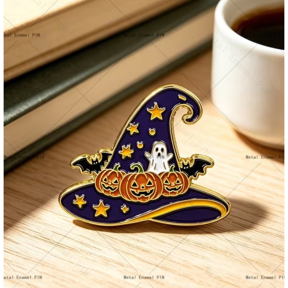 Halloween Witch Hat Enamel Pin Pumpkin Ghost Bat Purple Gold Tone Lapel Pin